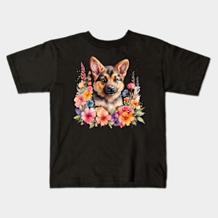 A german shepherd decorated with beautiful watercolor flowers Kids T-Shirt